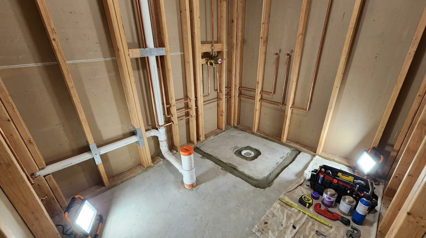 Bathroom rough-in plumbing during remodel by Johns Plumbing LLC in Cottonport