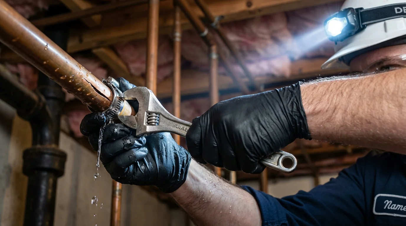 Emergency pipe clamp repair being performed by a Johns Plumbing LLC plumber in Cottonport