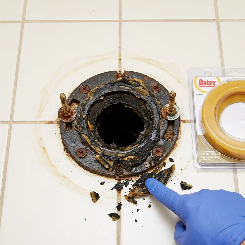 Failed wax ring showing water seepage at the base of a toilet in a Cottonport, LA home