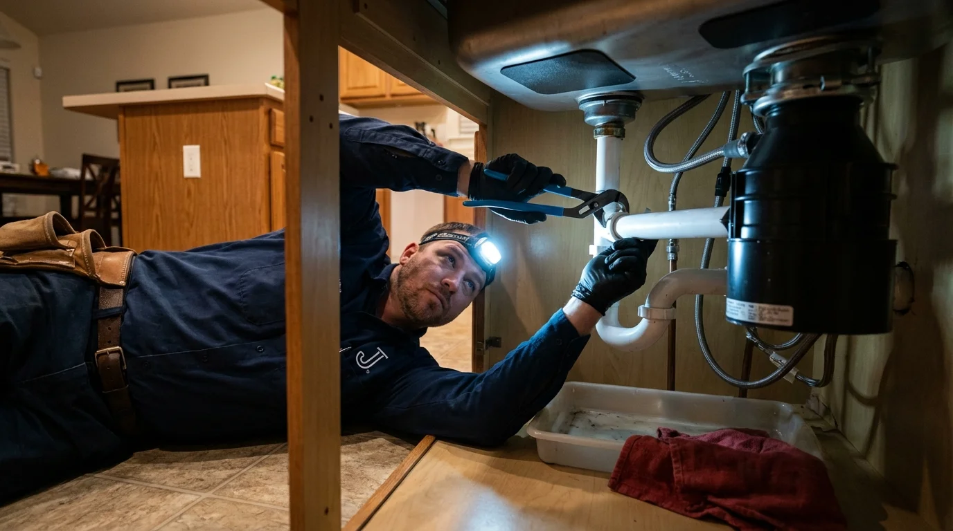 P-trap and supply line connections under a kitchen sink showing a common leak point in Cottonport, LA